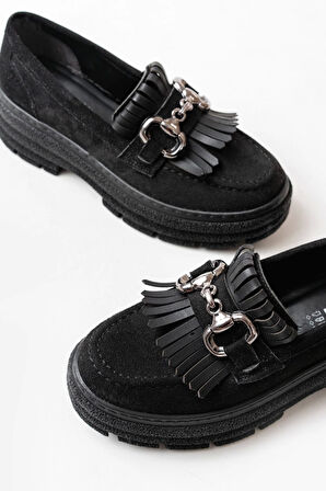 749-750 Siyah Süet Tokalı Günlük Yüksek Tabanlı Loafer Ayakkabı