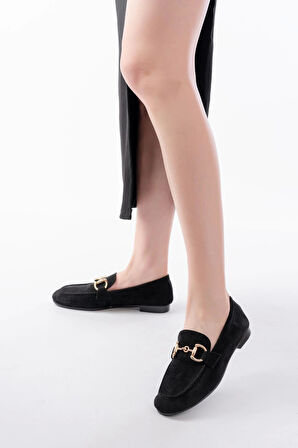 303 Siyah Süet Toka Aksesuarlı Günlük Kadın Babet