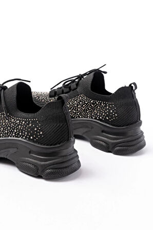 3002  Siyah Bağcıklı Fileli Taş Aksesuarlı Günlük Spor Ayakkabı
