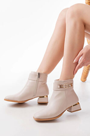 Rm-502 Bej Toka Aksesuarlı Topuklu Fermuarlı Günlük Kadın Bot