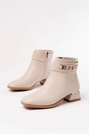 Rm-502 Bej Toka Aksesuarlı Topuklu Fermuarlı Günlük Kadın Bot