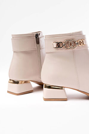 Rm-502 Bej Toka Aksesuarlı Topuklu Fermuarlı Günlük Kadın Bot