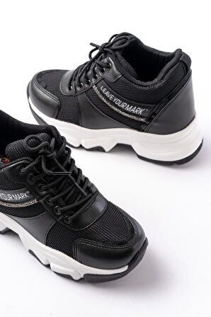 F-209 Siyah Bağcıklı Fileli Taş Aksesuarlı Günlük Spor Ayakkabı