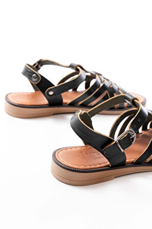 205-208 Siyah Hakiki Deri Ortopedik Taban Kadın Sandalet