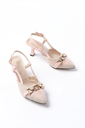 K-250 Pudra Keten Günlük Arkası Açık Tokalı Topuklu Kadın Ayakkabı