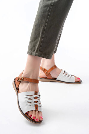 205-029 Beyaz Ortopedik Hakiki Deri Kadın Sandalet