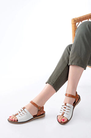 205-029 Beyaz Ortopedik Hakiki Deri Kadın Sandalet