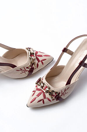 K-250 Bordo Keten Günlük Arkası Açık Tokalı Topuklu Kadın Ayakkabı