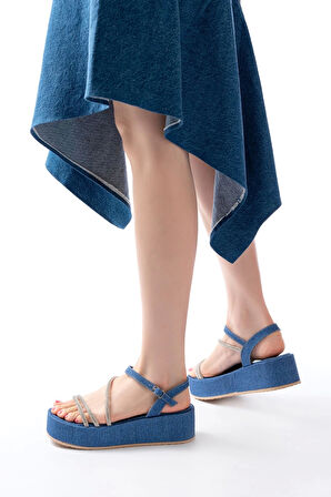 861-1017 Mavi Kot Taşlı Dolgu Topuklu Kadın Sandalet