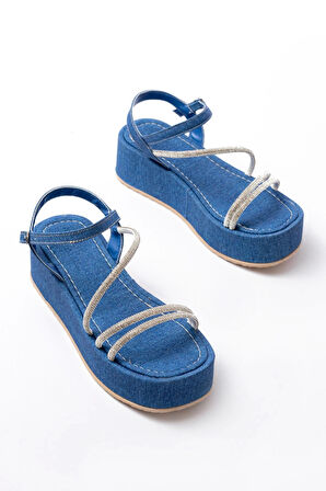 861-1017 Mavi Kot Taşlı Dolgu Topuklu Kadın Sandalet