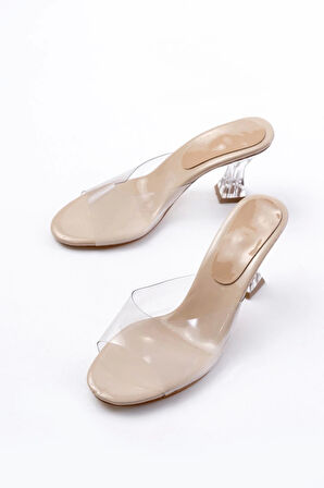 S-619 Bej Rugan Şeffaf Bantlı Şeffaf Topuklu Yuvarlak Burunlu Kadın Terlik