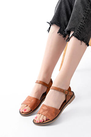 205-012 Taba Ortopedik Hakiki Deri Kadın Sandalet