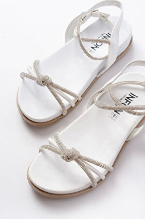 1001-1120 Beyaz Gümüş Taşlı Günlük Kadın Sandalet