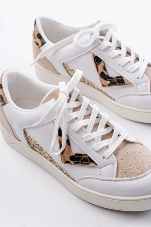 Sv-01 Beyaz Leopar Desenli Bağcıklı Kadın Spor Ayakkabı