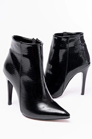 Vrt-4802 Siyah Kroko Yüksek İnce Topuklu Fermuarlı Kadın Bot
