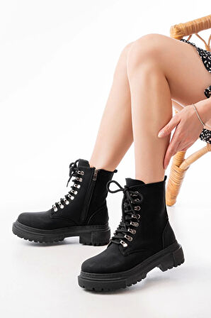 812-2121 Siyah Zümrüt Bağcıklı Fermuarlı Günlük Kadın Bot