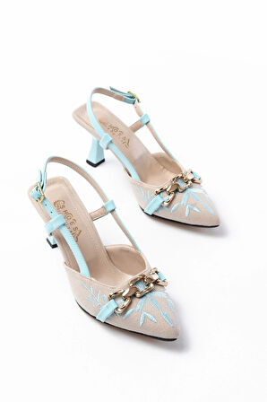 K-250 Mavi Keten Günlük Arkası Açık Tokalı Topuklu Kadın Ayakkabı