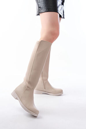 165-305 Bej Arka Streç Fermuarlı Günlük Kadın Çizme