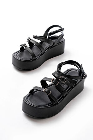 861-1222 Siyah Tokalı Bilekten Bağlamalı Dolgu Kadın Sandalet