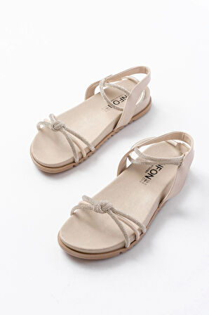 1001-1120 Bej Gümüş Taşlı Günlük Kadın Sandalet