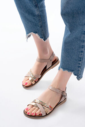 205-015 Bej Garni Ortopedik Hakiki Deri Kadın Sandalet