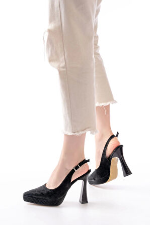 B-2101 Siyah Günlük Arkası Açık Yılan Desenli Topuklu Kadın Ayakkabı