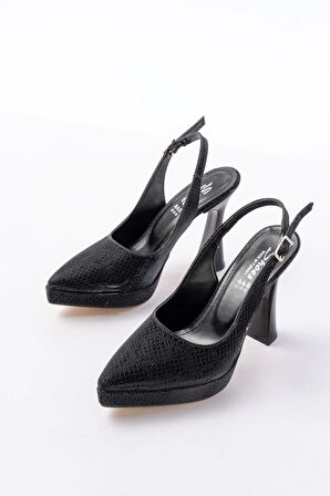 B-2101 Siyah Günlük Arkası Açık Yılan Desenli Topuklu Kadın Ayakkabı