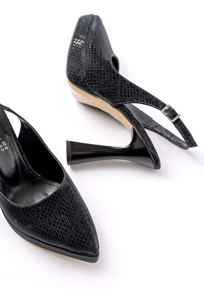 B-2101 Siyah Günlük Arkası Açık Yılan Desenli Topuklu Kadın Ayakkabı