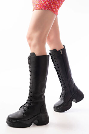 Fz-2450 Siyah Yüksek Tabanlı Bağcıklı Fermuarlı Günlük Kadın Çizme