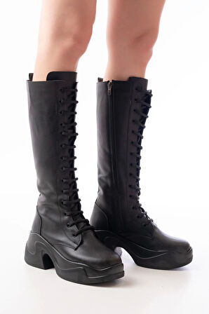 Fz-2450 Siyah Yüksek Tabanlı Bağcıklı Fermuarlı Günlük Kadın Çizme