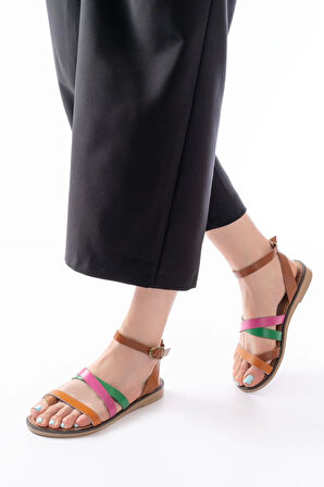 205-209 Turuncu Multi  Hakiki Deri Tokalı Parmak Arası Kadın Sandalet