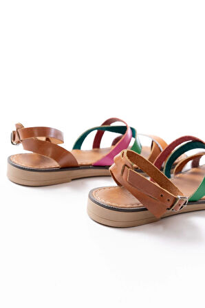 205-209 Turuncu Multi  Hakiki Deri Tokalı Parmak Arası Kadın Sandalet