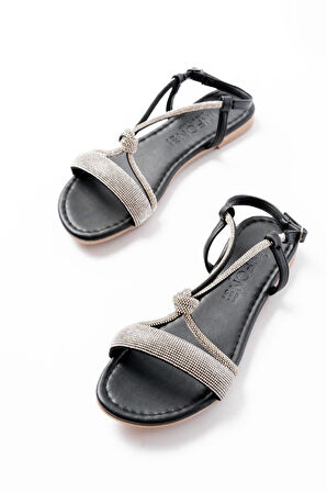 152-1104 Siyah Gümüş Taşlı Günlük Kadın Sandalet