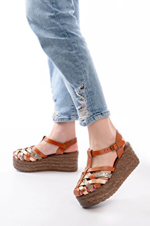 684-02 Taba Garni Ortopedik Hakiki Deri Dolgu Kadın Sandalet