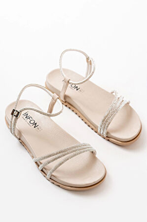 1001-1100 Bej Gümüş Taşlı Günlük Kadın Sandalet