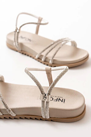 1001-1100 Bej Gümüş Taşlı Günlük Kadın Sandalet