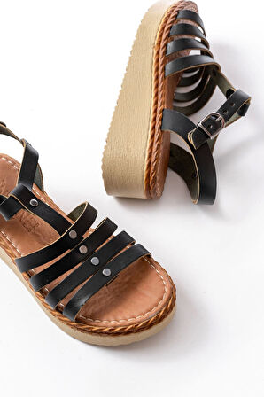 730-142 Siyah Hakiki Deri Ortopedik Taban Kadın Sandalet