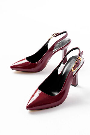 719 Bordo Rugan Sivri Burunlu Toka Detaylı  Topuklu Kadın Ayakkabı