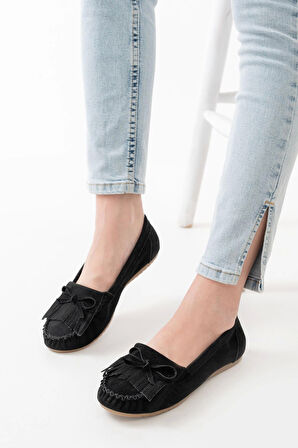 Ps-100 Siyah Süet Püsküllü Günlük Kadın Babet