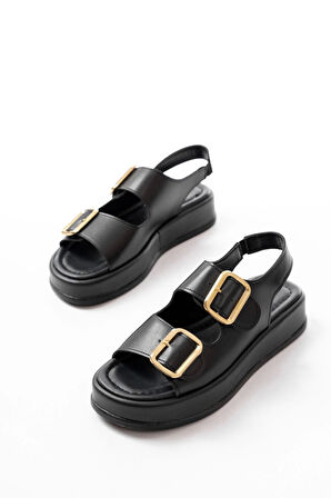 1187 Siyah Dolgu Topuk Lastik Baretli  Kadın Sandalet