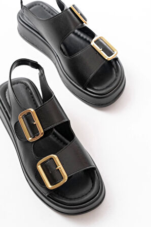 1187 Siyah Dolgu Topuk Lastik Baretli  Kadın Sandalet