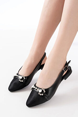 İnf-120 Siyah Günlük Fileli Taş Aksesuarlı Kadın Babet