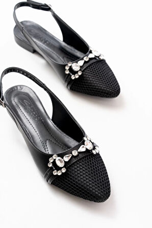 İnf-120 Siyah Günlük Fileli Taş Aksesuarlı Kadın Babet