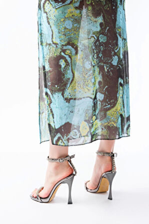 A-30 Platin Taş Aksesuarlı Platformlu Topuklu Kadın Terlik