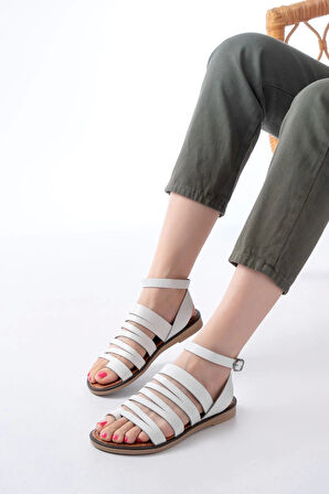 205-041 Beyaz Ortopedik Hakiki Deri Kadın Sandalet