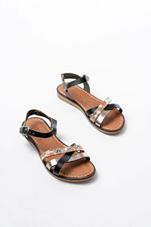 205-015 Siyah Garni Ortopedik Hakiki Deri  Kadın Sandalet