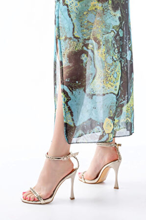 A-30 Gold Taş Aksesuarlı Platformlu Topuklu Kadın Terlik