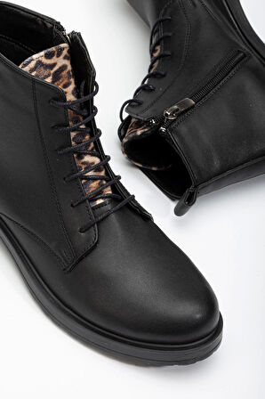 165-225 Siyaha Leopar Bağcıklı Fermuarlı Günlük Kadın Bot