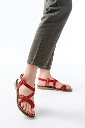 205-09 Kırmızı Ortopedik Hakiki Deri Kadın Sandalet