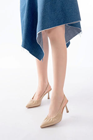 İnf-40451 Bej Kırışık Rugan Günlük Arkası Açık Topuklu Kadın Ayakkabı